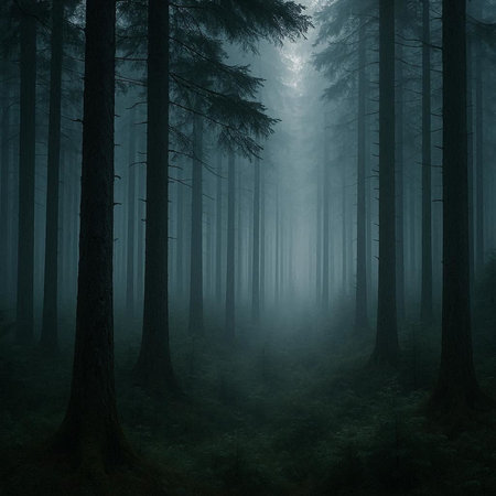 Mysterious dark forest with trees and fog in the morning.の写真素材