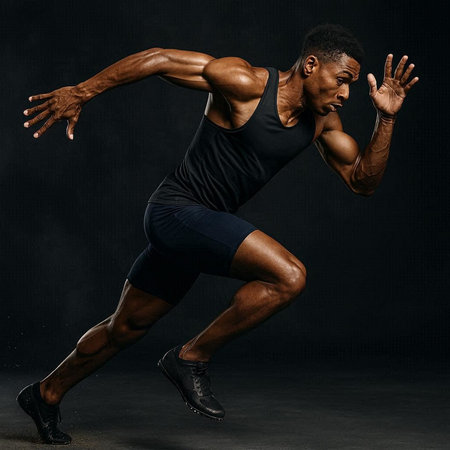 Young african american male athlete running on black studio background.