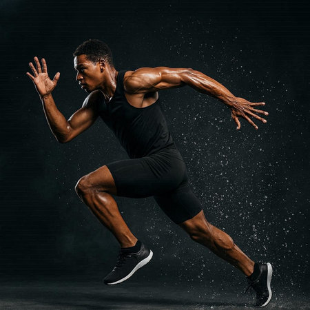 Handsome muscular african american man in black sportswear running on black background
