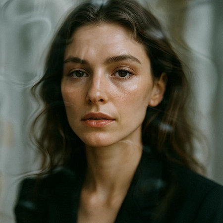 Portrait of a beautiful brunette woman in a black suit looking at the cameraの写真素材