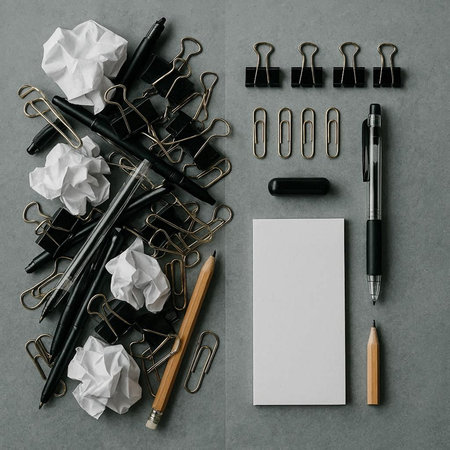 Top view of office supplies on grey background. Flat lay style.