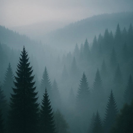 Foggy morning in the coniferous forest in the mountains