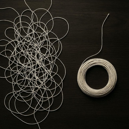 Wooden coil with tangled threads on dark wooden background. Top view.