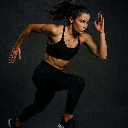 Athletic young woman in black sportswear on dark background