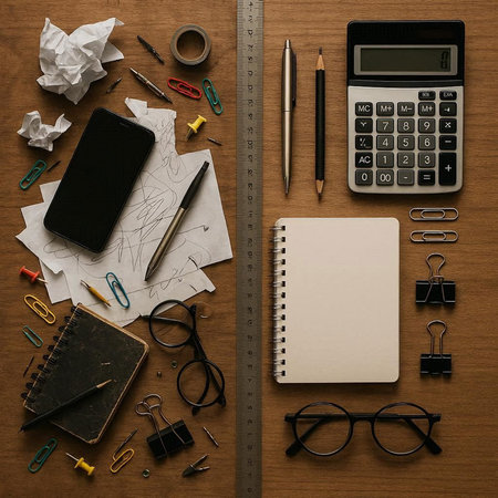 Notebook, calculator, pencils, glasses, eraser, pen, paper clips on wooden table