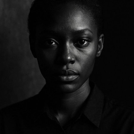 Portrait of a young african american woman in black shirt.の写真素材