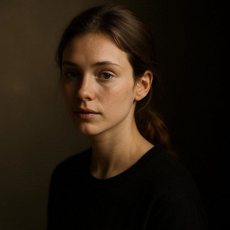 Portrait of a young woman with freckles on her face