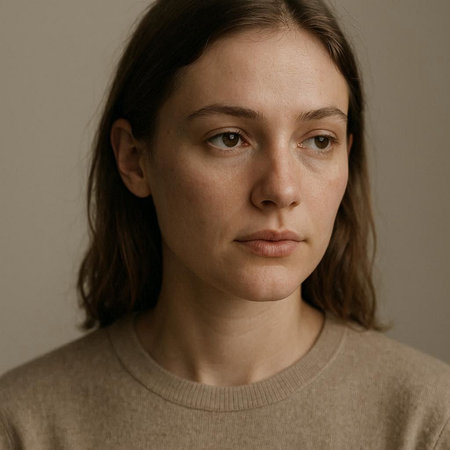 Portrait of a young woman with freckles on her faceの写真素材