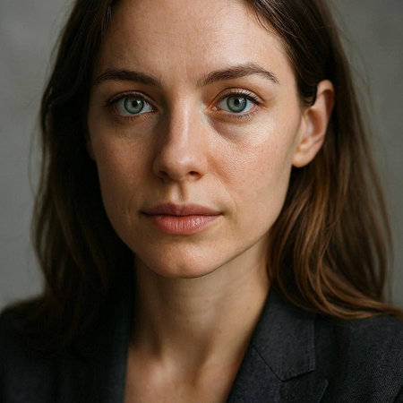 Close-up portrait of a young woman with green eyes on a gray background