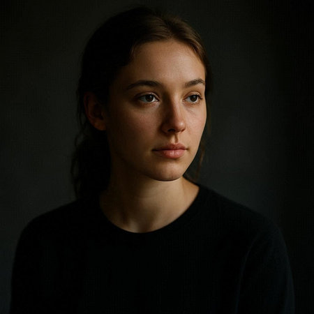 portrait of a beautiful girl in a black sweater on a dark backgroundの写真素材