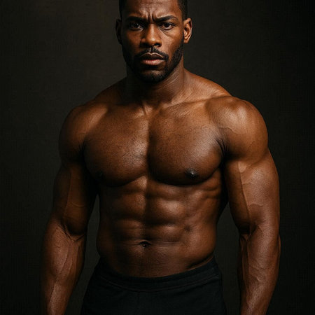 Handsome muscular african american man posing over dark background.の写真素材