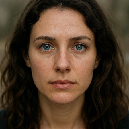 Close up portrait of a young woman with long brown hair and blue eyes