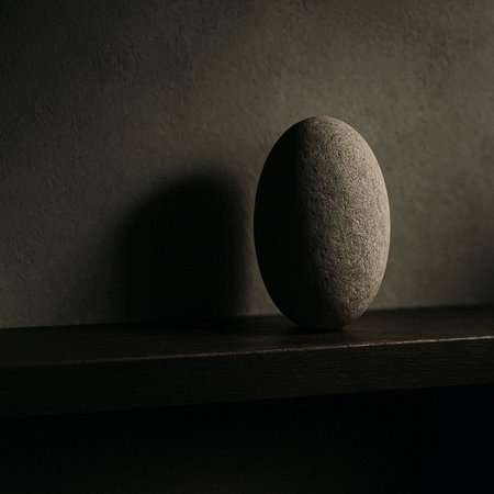 Easter egg on shelf in dark room. Minimal style.