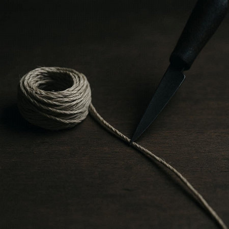 close up of a rope and a needle on a dark wooden background