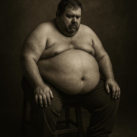 Fat man with big belly sitting on chair, black and white imageの写真素材