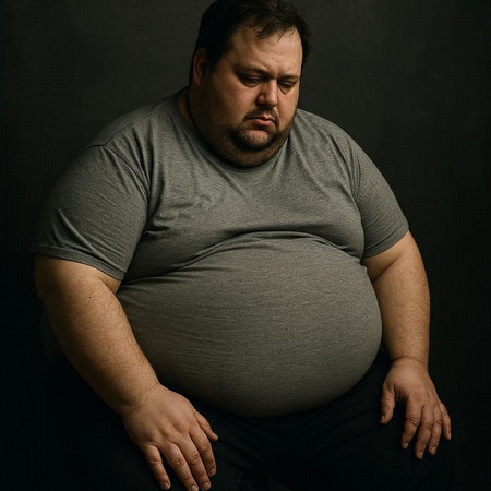 Fat man in a grey T-shirt on a dark background.の写真素材