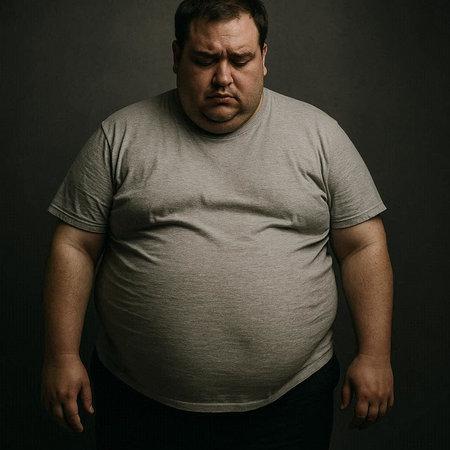 Fat man in gray T-shirt on a dark background, studio shot