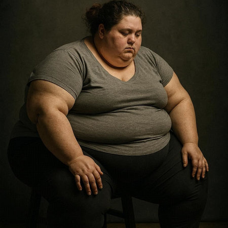 Fat woman sitting on a chair and looking at the camera on a dark background