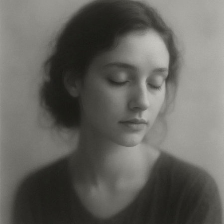 A black and white portrait of a young woman with closed eyes.
