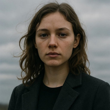 Portrait of a young woman in a black coat on a cloudy sky background