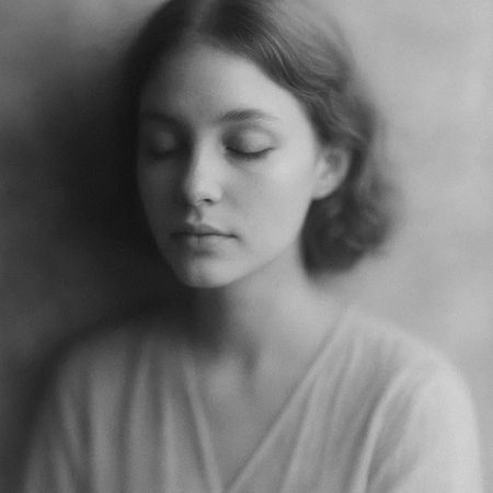 Black and white portrait of a girl with closed eyes on a gray background