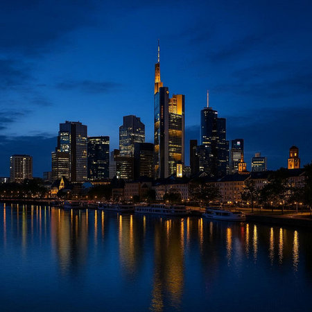 Frankfurt am Main skyline at night with reflection in the river.の写真素材