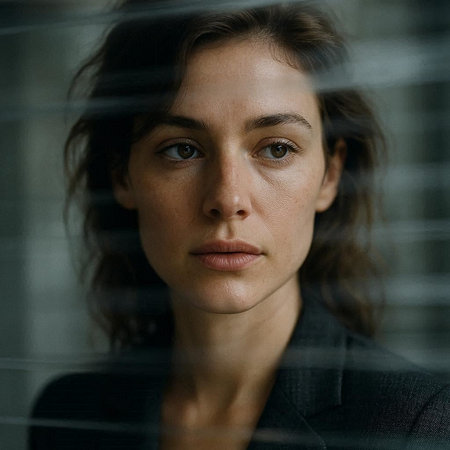 Portrait of a serious woman looking at the camera through the blinds