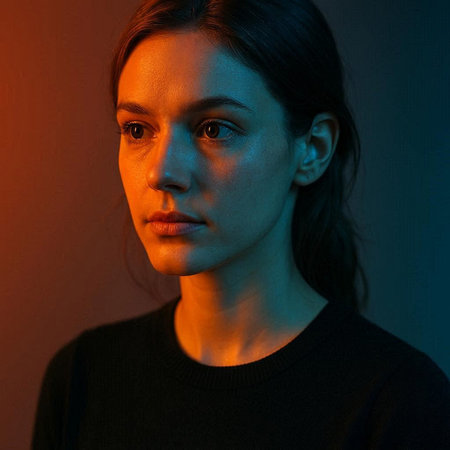 Portrait of a young woman in a dark room with neon light