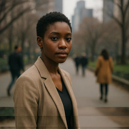 Portrait of a young beautiful african american woman in a beige coat.