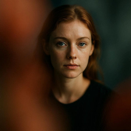 Portrait of a red-haired girl in a dark room.