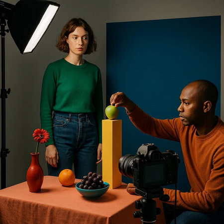 Female vlogger giving apple to african american man in studio