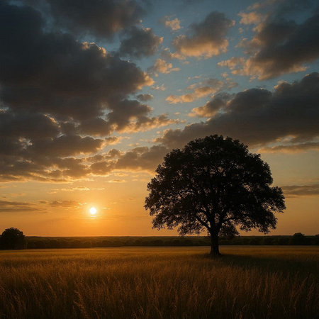 Lonely tree in the field at sunset. Summer landscape.