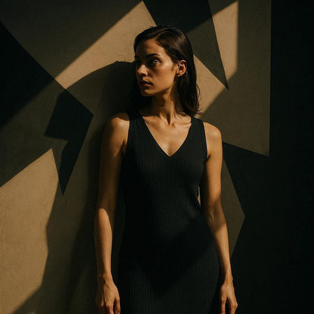 Portrait of a beautiful brunette woman in a black dress. Fashion photo.
