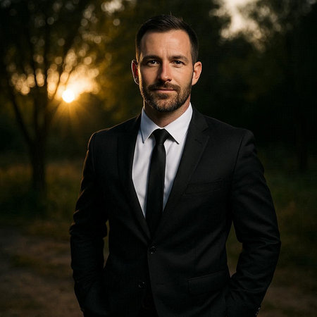 Portrait of a handsome bearded man in a black suit and tie.