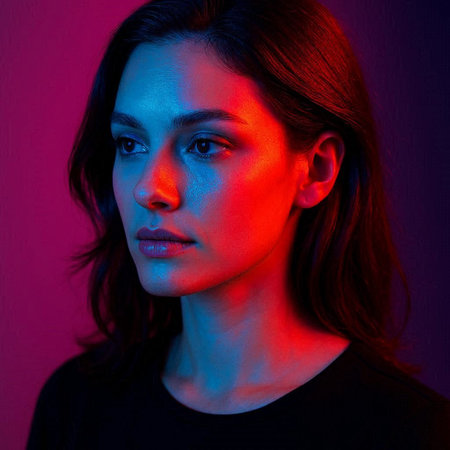Portrait of a beautiful young woman in neon light. Beauty, fashion.