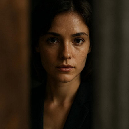 Portrait of a beautiful brunette woman in a black jacket.