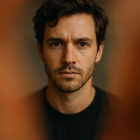 Portrait of a young man looking at the camera with a serious expressionの写真素材