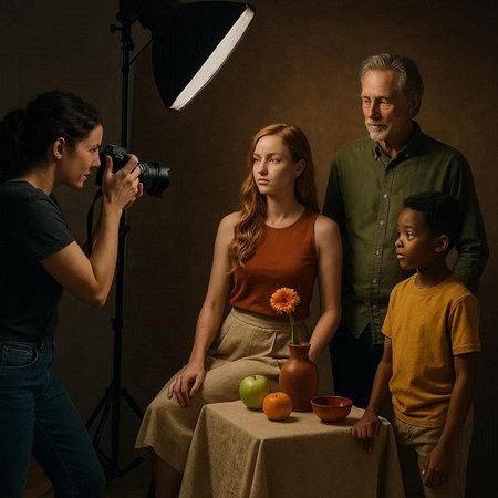 Photographer taking pictures of family in studio, sitting at table.