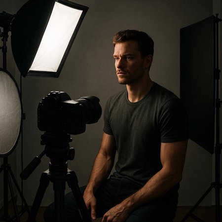 Handsome young man in casual clothes sitting in dark room with professional lighting equipment