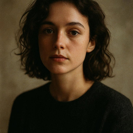 Portrait of a young woman with curly hair in a black sweater