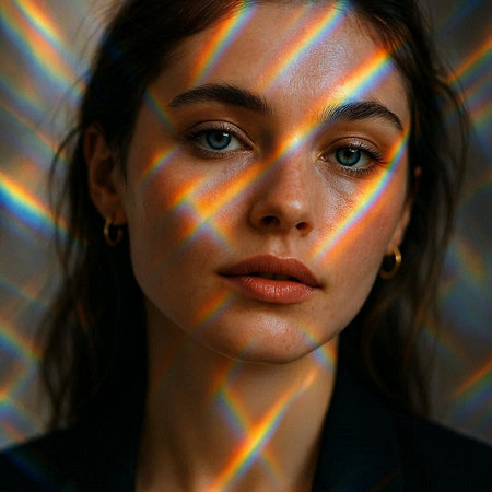 Close-up portrait of a beautiful young woman with a rainbow on her face