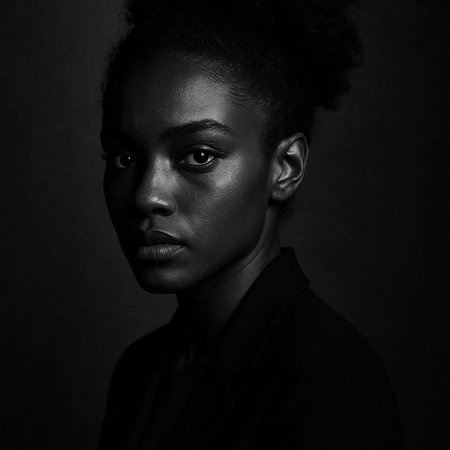 Portrait of beautiful african american woman in studio. Black and white.の写真素材