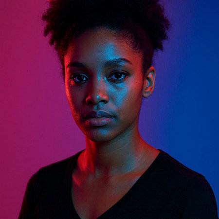 Portrait of young african american woman in neon light.