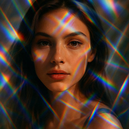 Portrait of a young beautiful woman on a background of multicolored lights