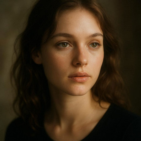 Portrait of a beautiful young woman with long brown curly hair.