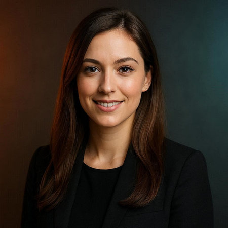 Portrait of a young businesswoman smiling against a dark background.