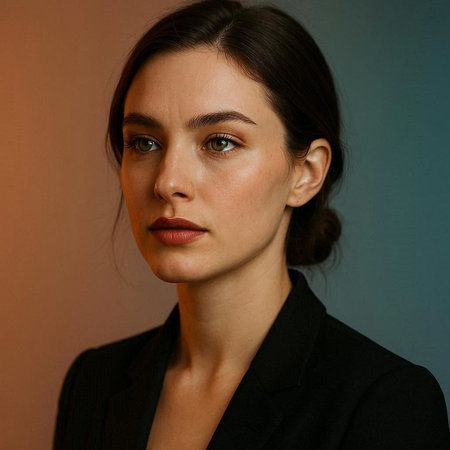 Portrait of a young beautiful brunette woman in black suit.