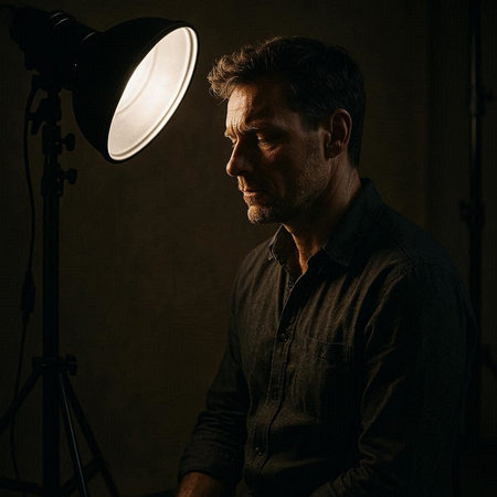 Portrait of a man in a dark room with a lamp.