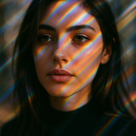 Portrait of a beautiful young woman with long dark hair and green eyes.の写真素材