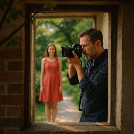 Photographer taking photo of beautiful young woman in red dress in old building